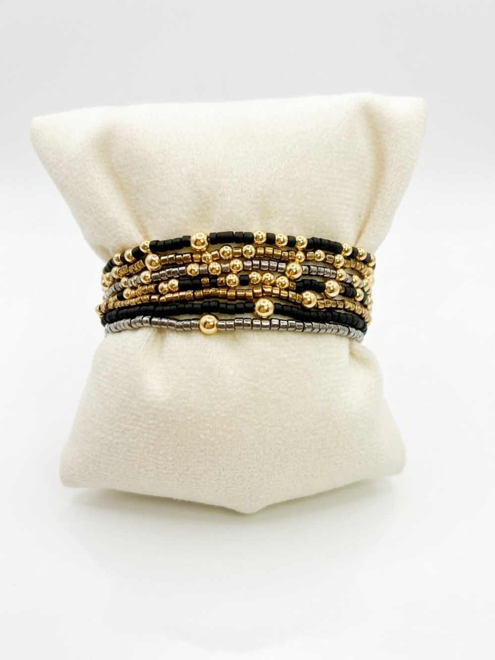 Gold Silver and Black Beaded Bracelet Stack ENewton type beads